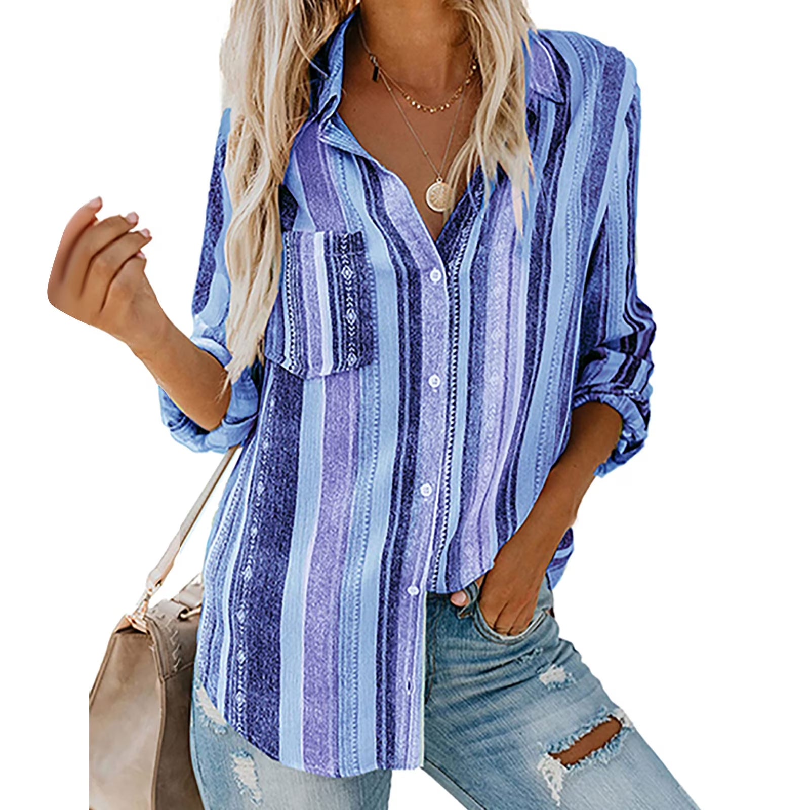 Women'S Striped Button down Shirts Loose Fit Boyfriend Style Vertical Stripe Casual Long Sleeve Stylish V Neck Blouses Tops with Pockets