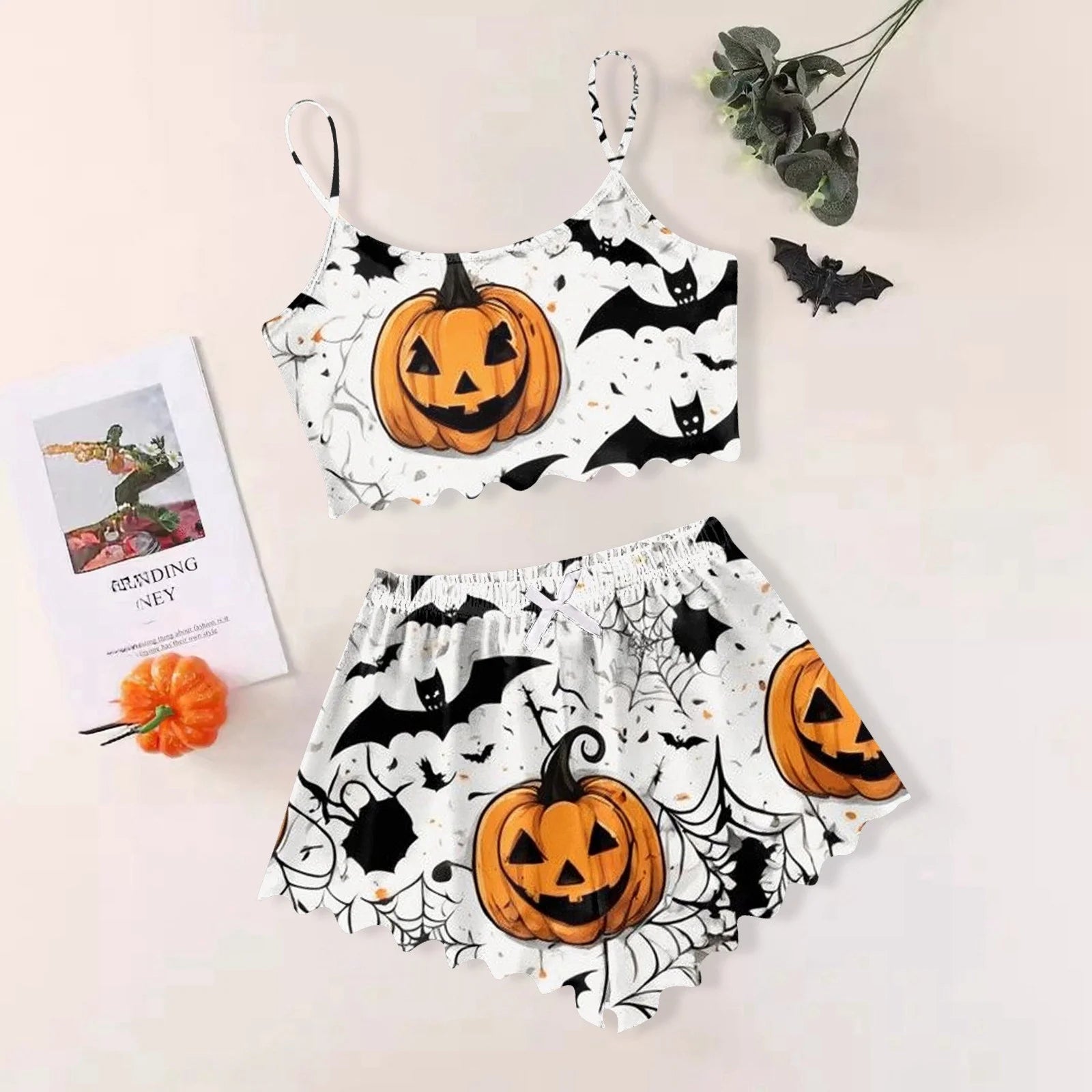 Halloween Women Pajama Sets 2 Piece Cute Pumpkin Print Cami Top and Shorts Sleepwear Sexy Womens Pjs Sets White