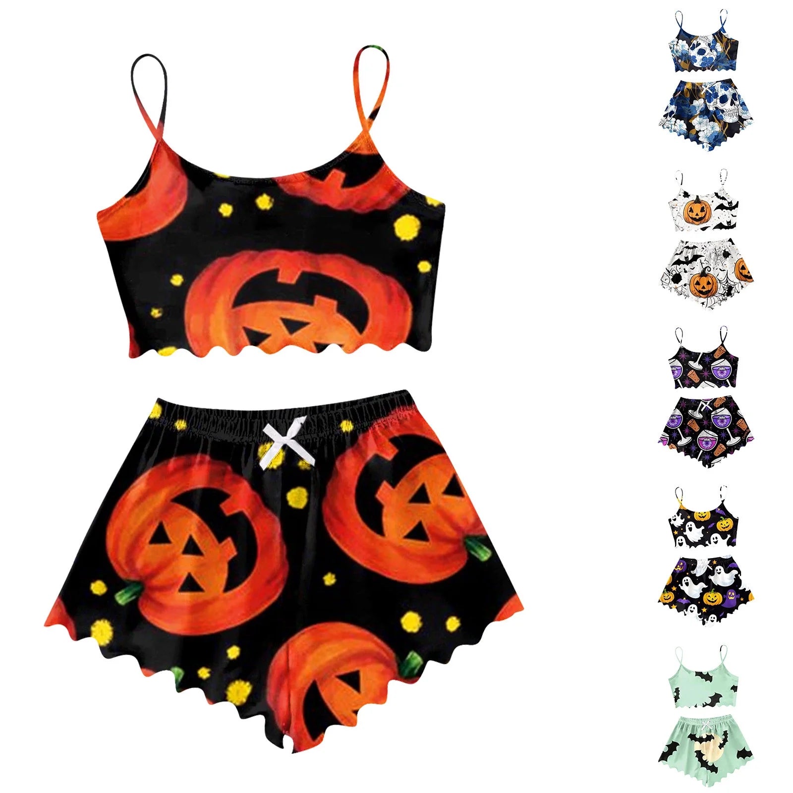 Halloween Women Pajama Sets 2 Piece Cute Pumpkin Print Cami Top and Shorts Sleepwear Sexy Womens Pjs Sets White