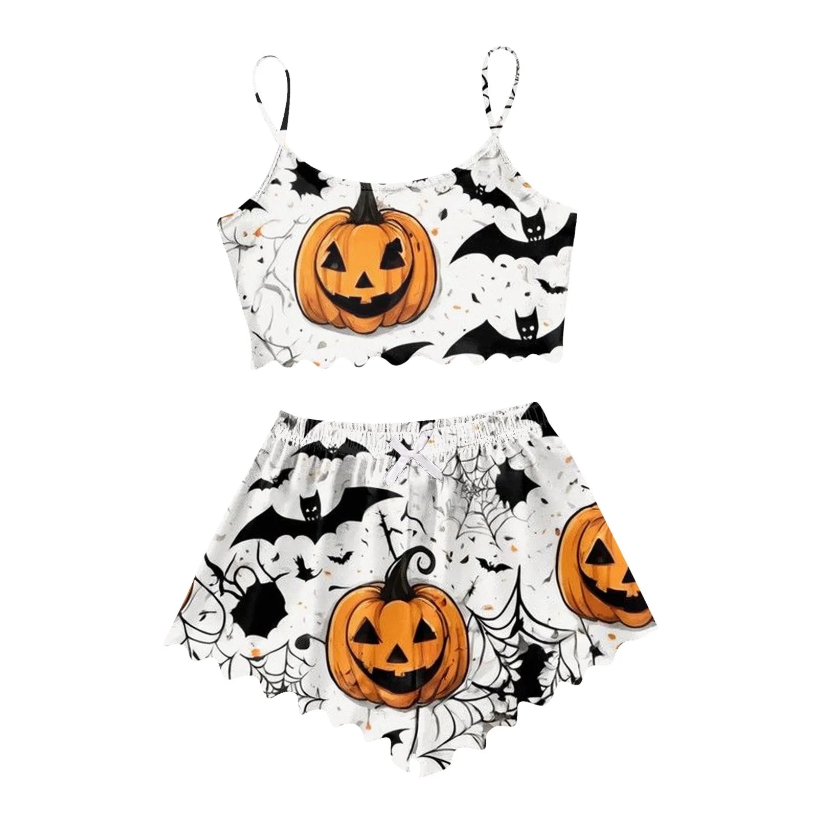 Halloween Women Pajama Sets 2 Piece Cute Pumpkin Print Cami Top and Shorts Sleepwear Sexy Womens Pjs Sets White