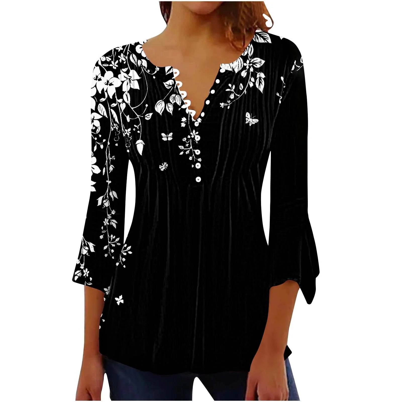 Womens Clothes 3/4 Length Sleeve Womens Tops Button down V Neck T Shirts Floral Summer Tunic Ladies Tops Elegant Dressy Casual Blouses Fashion Vacation Tee Shirts Ropa Mujer