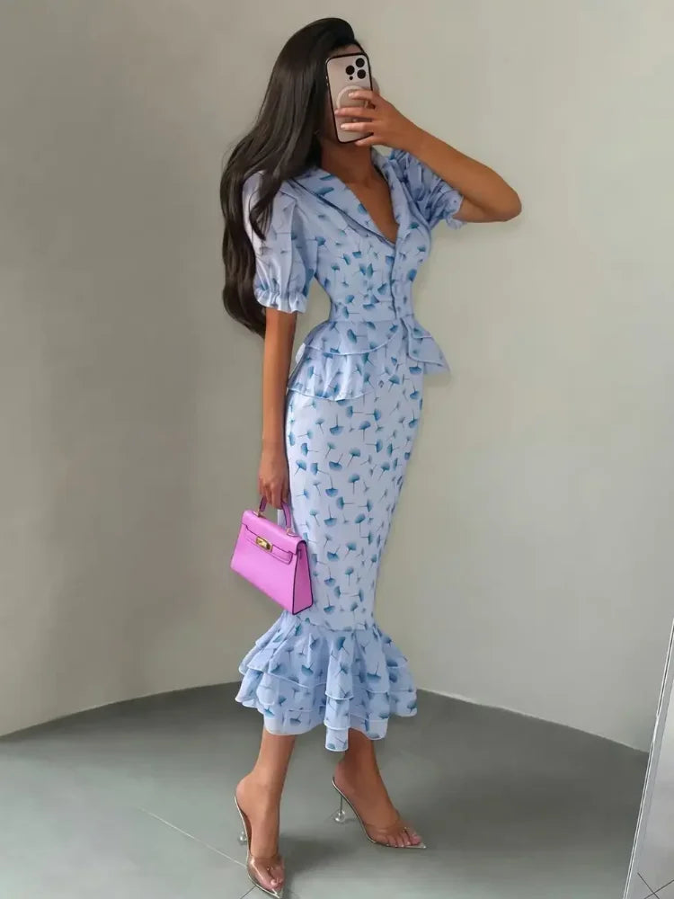Women Elegant Printed V-neck Dress Chic Lapel Waist Cinched Pleated High Waisted Dresses 2026 Summer New Lady Vacation Vestidos