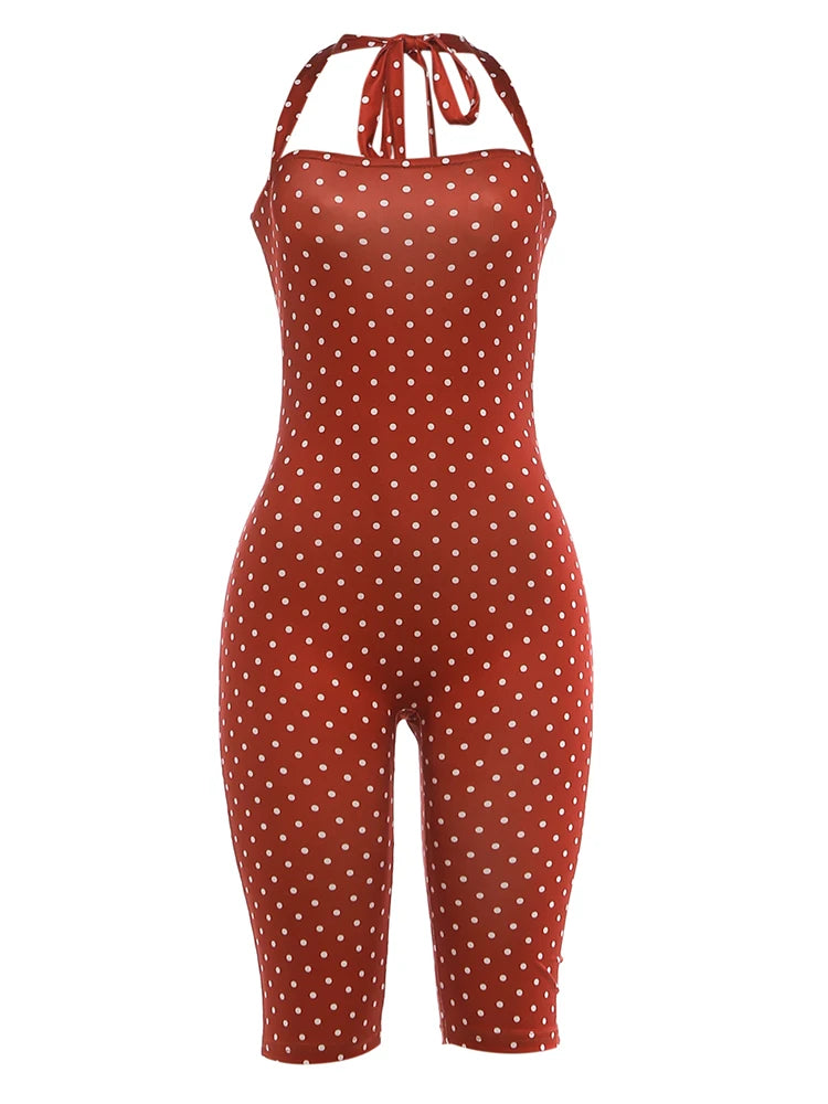 Kliou Sexy Off Shoulder Playsuits Woman Polka Dot Print Bandage Halter Backless Skinny Peach Hip Hot Girls Street Fashion Romper