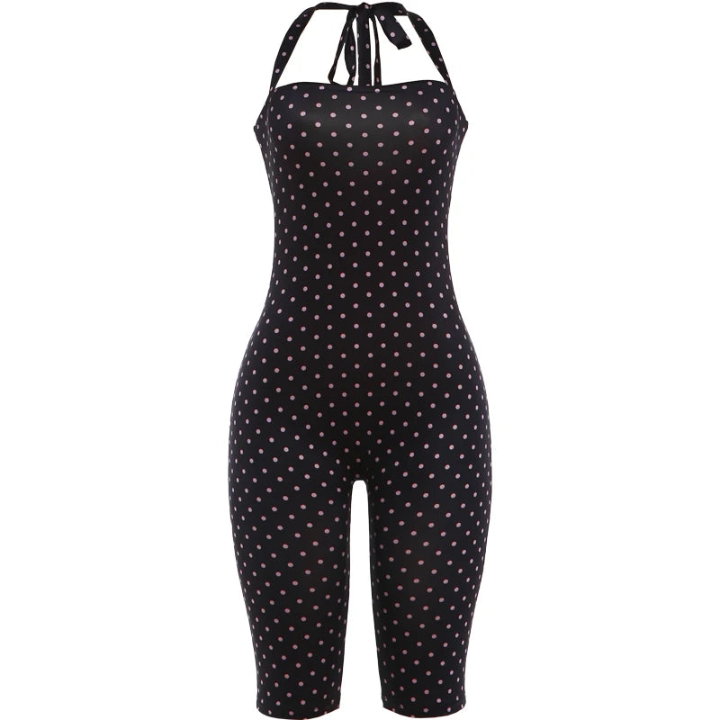 Kliou Sexy Off Shoulder Playsuits Woman Polka Dot Print Bandage Halter Backless Skinny Peach Hip Hot Girls Street Fashion Romper