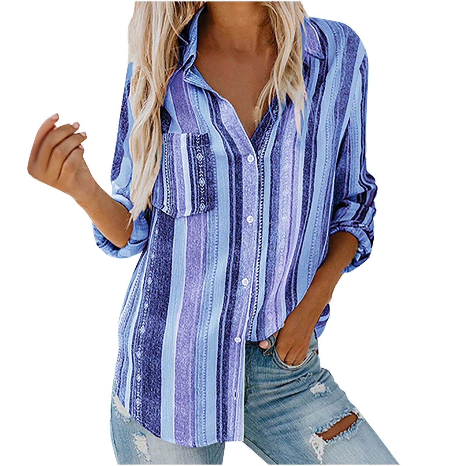 Women'S Striped Button down Shirts Loose Fit Boyfriend Style Vertical Stripe Casual Long Sleeve Stylish V Neck Blouses Tops with Pockets