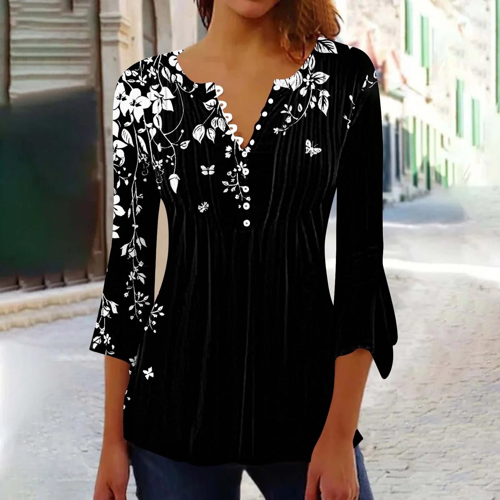 Womens Clothes 3/4 Length Sleeve Womens Tops Button down V Neck T Shirts Floral Summer Tunic Ladies Tops Elegant Dressy Casual Blouses Fashion Vacation Tee Shirts Ropa Mujer